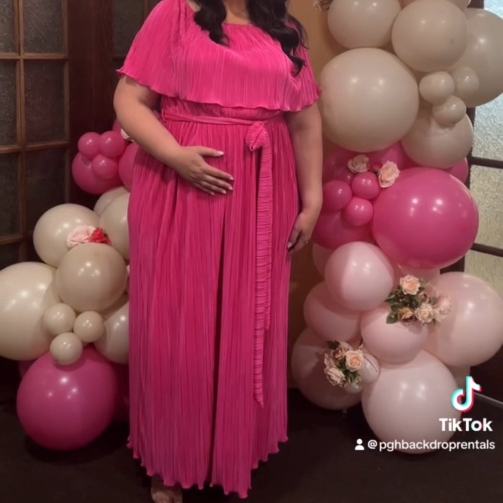 Pink Blush Fuchsia Plisse Off Shoulder Maternity Plus Maxi Dress
